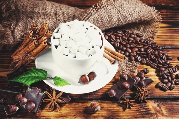 Xícara de chocolate quente, paus de canela, nozes e chocolate no woo — Fotografia de Stock