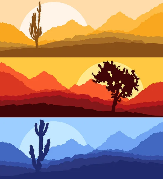 Cactus desert landscape vector background set with sunset — Stock Vector