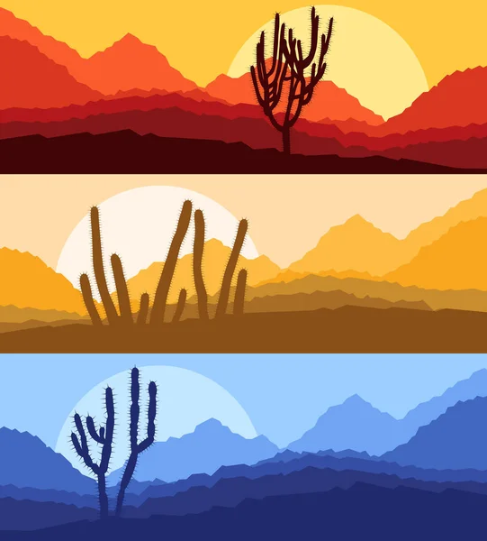 Cactus desert landscape vector background set with sunset — Stock Vector