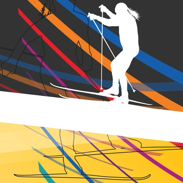 Aktivní mladé ženy lyžování sportovní siluety v zimě abstraktní l — Stockový vektor