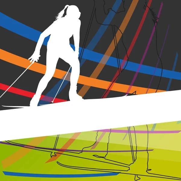 活跃的年轻女性，滑雪运动在冬季抽象 l 中的剪影 — 图库矢量图片