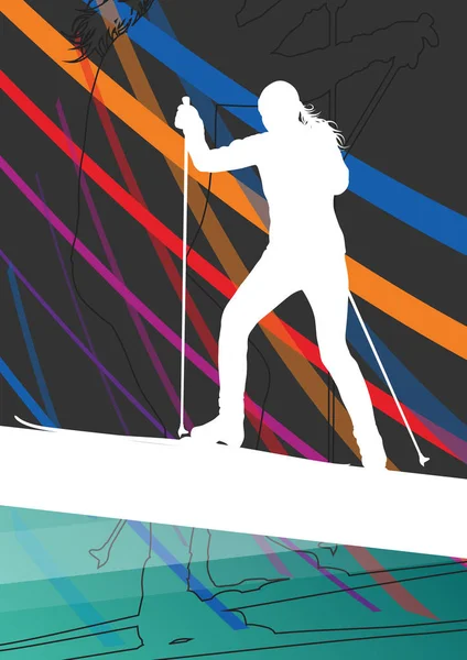 Des jeunes femmes actives skient des silhouettes sportives en hiver abstrait l — Image vectorielle