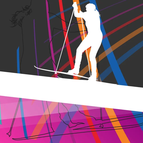 Actieve jonge vrouwen skiën sport silhouetten in winter abstracte l — Stockvector