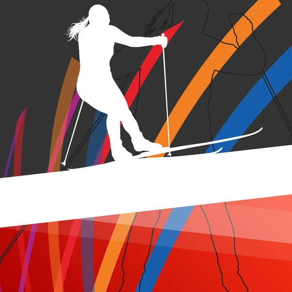 Mujeres jóvenes activas esquiando siluetas deportivas en invierno abstracto l — Vector de stock