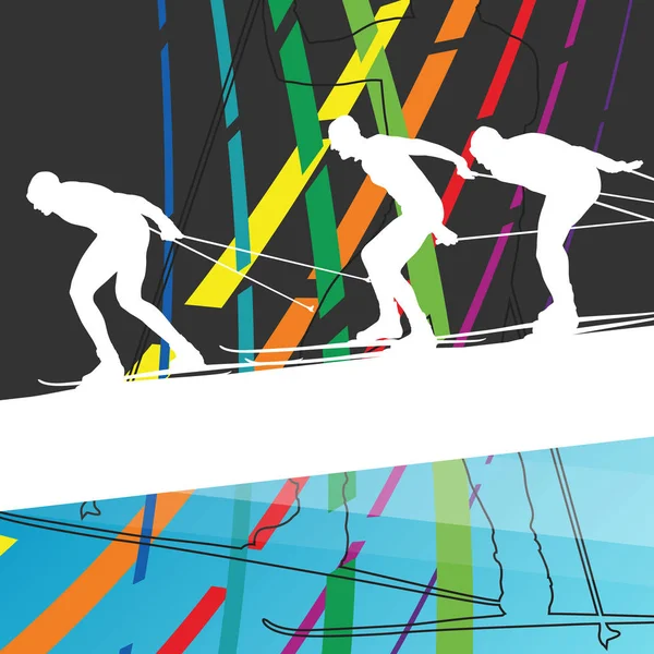 Active young woman and man skiing sport silhouettes in winter ab Stock