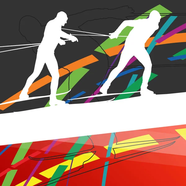 Attivo giovane donna e uomo sci sport silhouette in inverno ab — Vettoriale Stock