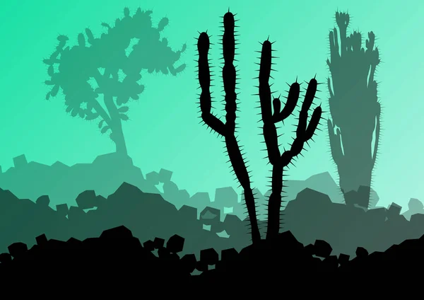 Cactus siluetas detalladas naturaleza desierto paisaje ilustración — Archivo Imágenes Vectoriales