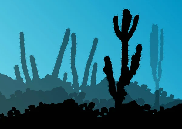 Cactus silhuetas detalhadas natureza deserto paisagem ilustração — Vetor de Stock