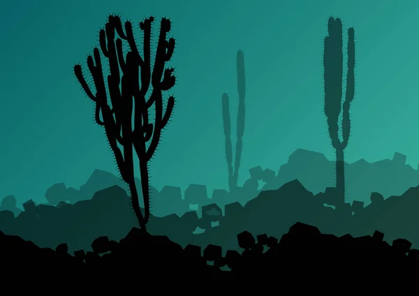 Cactus siluetas detalladas naturaleza desierto paisaje ilustración — Vector de stock