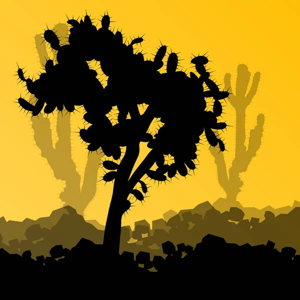 Cactus silhouettes détaillées nature désert paysage illustration — Image vectorielle