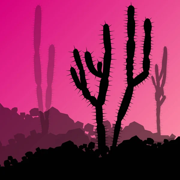Kaktüs siluetleri doğa çöl manzara resimde ayrıntılı — Stok Vektör