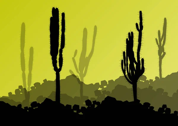 Cactus detailed silhouettes nature desert landscape illustration — Stock Vector