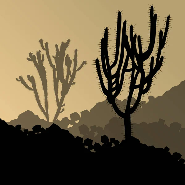 Kaktus rinci siluet alam gurun gambar lanskap - Stok Vektor