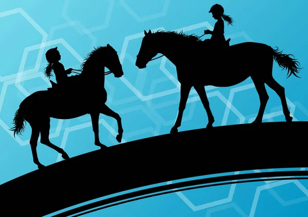 Koně s malými dětmi jezdci zdravý aktivní sport vektor ba — Stockový vektor