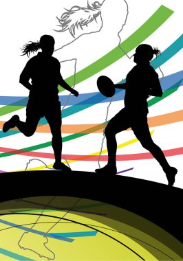 Etkin kadınlar rugby oyuncular genç sağlıklı spor siluetleri abstr