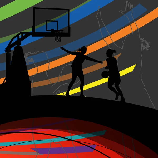Basket spelare unga aktiva kvinnor frisk sport silhuetter — Stock vektor