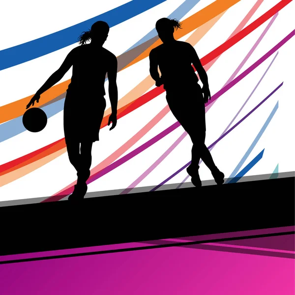 Joueuses de basket-ball jeunes femmes actives silhouettes sportives saines — Image vectorielle