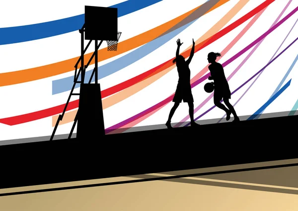 Basketbal spelers jonge actieve vrouwen gezonde sport silhouetten — Stockvector