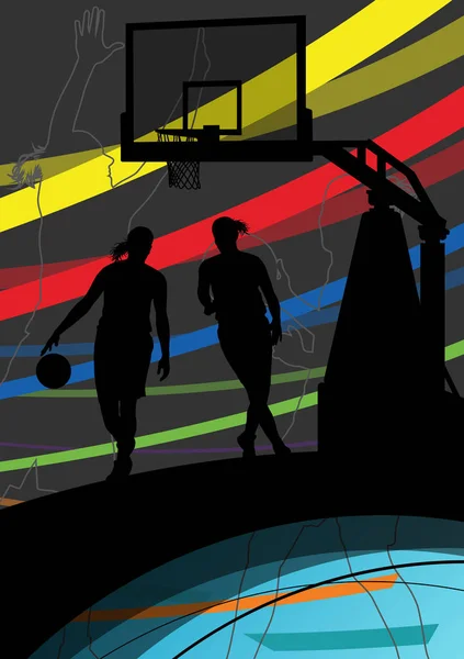 Joueuses de basket-ball jeunes femmes actives silhouettes sportives saines — Image vectorielle