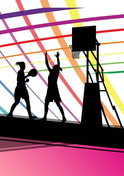 Basketbal spelers jonge actieve vrouwen gezonde sport silhouetten — Stockvector