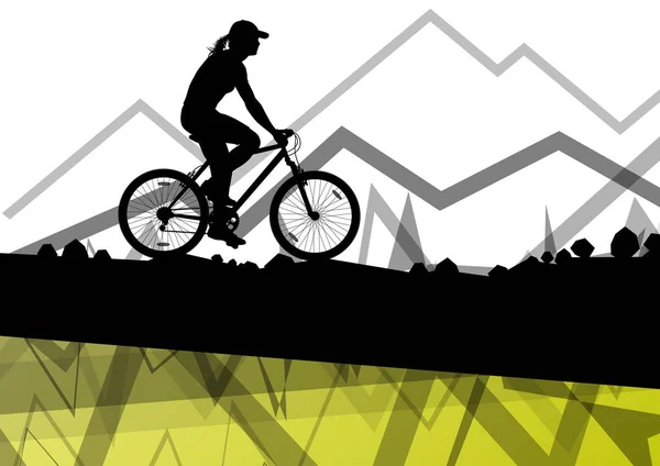 Mujer ciclista ciclista ciclista deporte silueta en montaña salvaje na — Archivo Imágenes Vectoriales