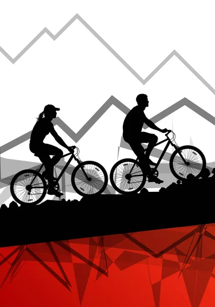 Erkek ve kadın bisikletçi bisiklet binici spor siluetleri mountai içinde — Stok Vektör