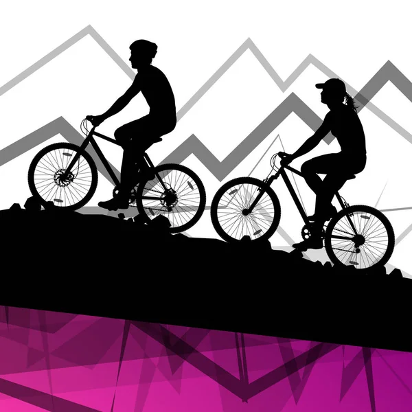 Homme et femme cycliste cycliste sport silhouettes à mountai — Image vectorielle