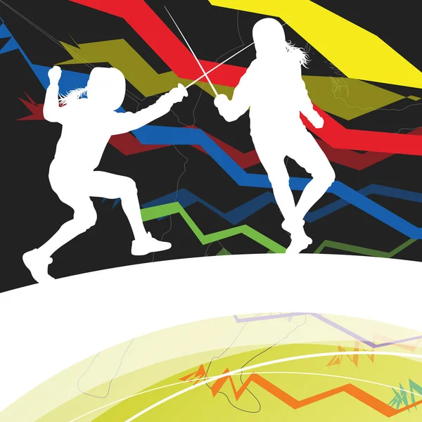 Aktiva män och kvinnor fäktning sporten silhuetter i abstrakt linje — Stock vektor