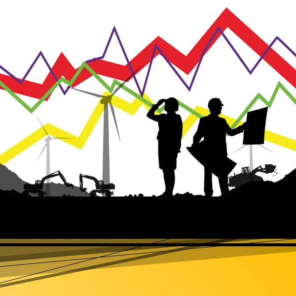 Gráfico de datos económicos e ingenieros siluetas y teléfono móvil — Archivo Imágenes Vectoriales