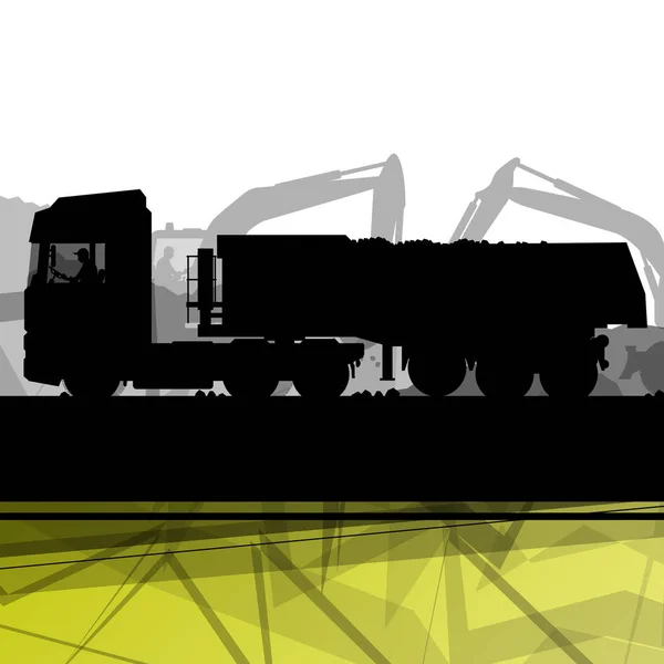 Lastbil och last i byggarbetsplatsen med grävmaskin traktorer hyd — Stock vektor