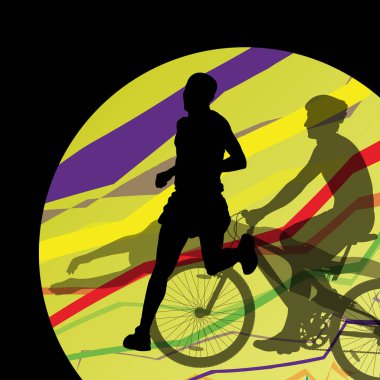 Triatlon Maraton Erkekler Yüzme Bisiklete binme ve spor silhou çalışan