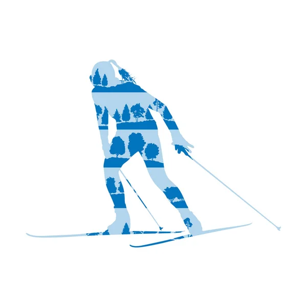 跨国家滑雪矢量背景抽象概念马的女人 — 图库矢量图片