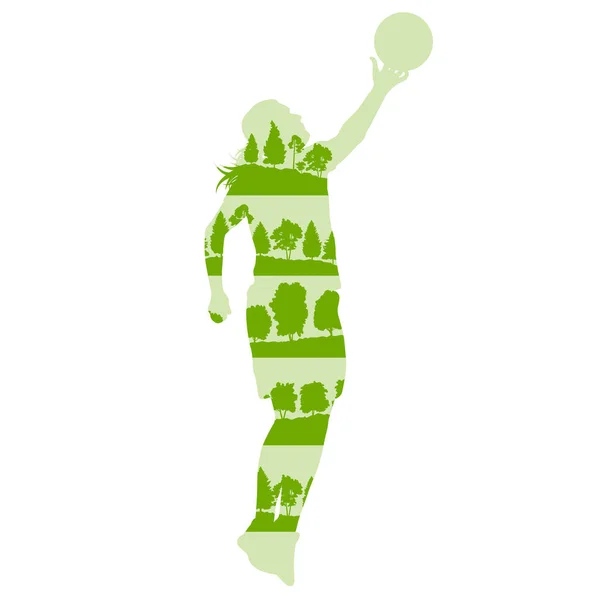 Mujer baloncesto vector fondo concepto hecho de árboles forestales — Vector de stock