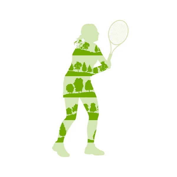 テニス プレーヤーの女性の抽象的なイラストのツリー フラグメントの — ストックベクタ