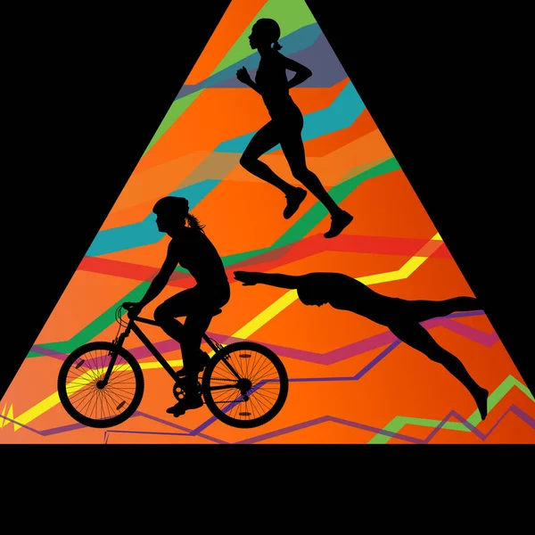 트라이 애슬론 남자 마라톤 수영 자전거와 스포츠 silhou 실행 — 스톡 벡터
