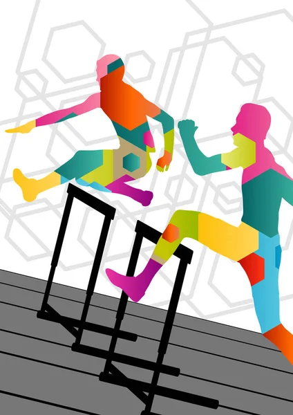 Activos hombres jóvenes deporte atletismo obstáculos barrera corriendo silue — Vector de stock