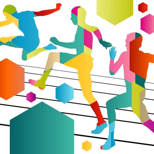 Activos hombres jóvenes deporte atletismo obstáculos barrera corriendo silue — Vector de stock