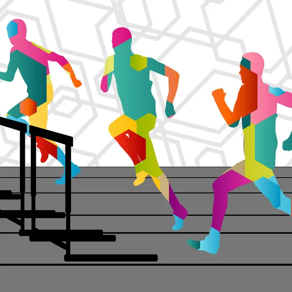 Activos hombres jóvenes deporte atletismo obstáculos barrera corriendo silue — Archivo Imágenes Vectoriales