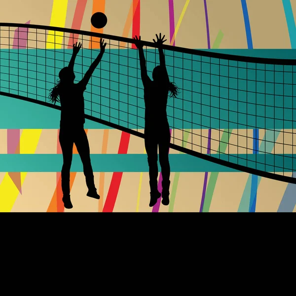 Mujeres voleibol jugador deporte siluetas en fondo abstracto — Vector de stock