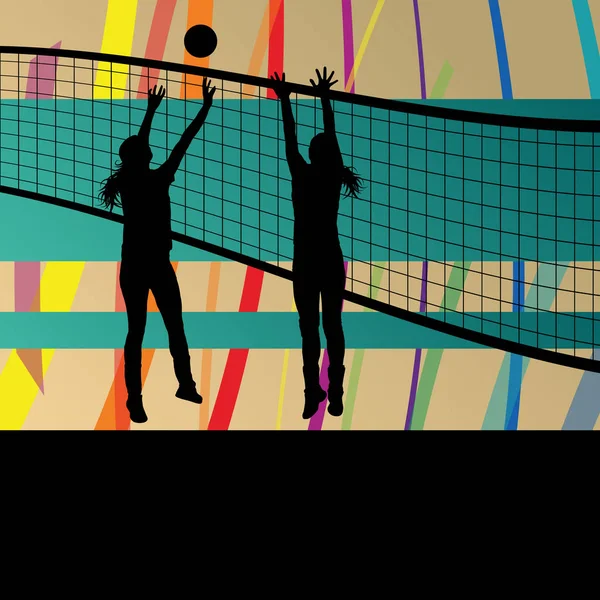 Women volleyball player sport silhouettes in abstract background — Stock Vector