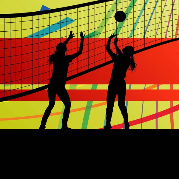 Mujeres voleibol jugador deporte siluetas en fondo abstracto — Archivo Imágenes Vectoriales