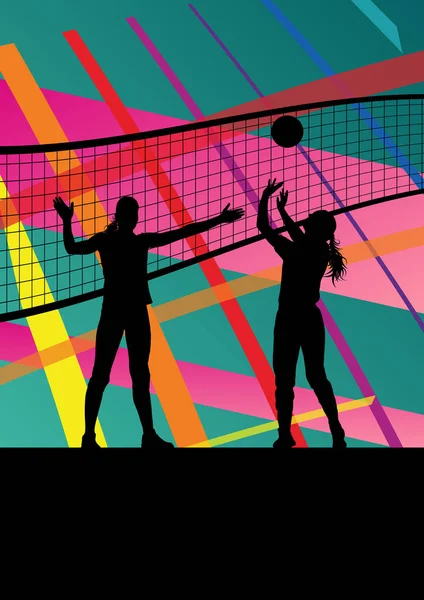 Silhouettes sportives de joueuses de volley-ball en arrière-plan abstrait — Image vectorielle