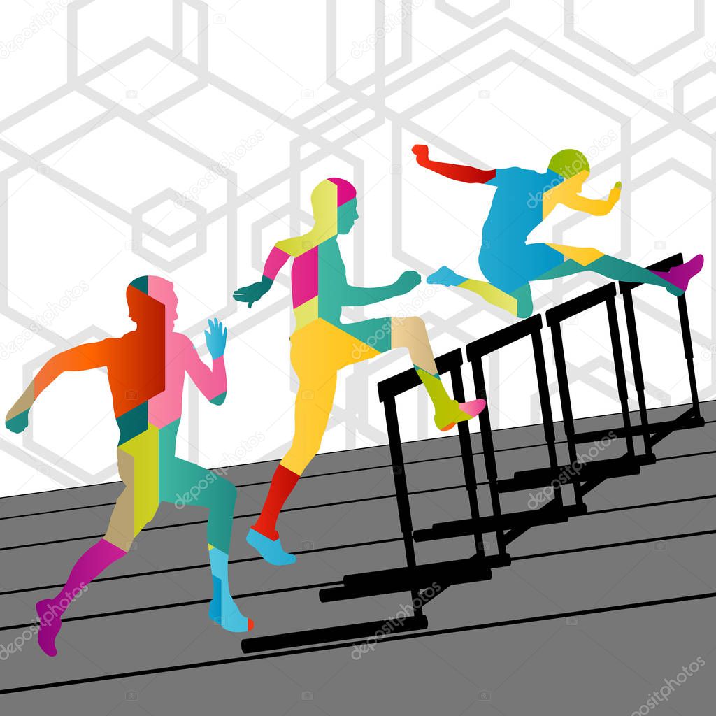 Active young men sport athletics hurdles barrier running silhoue