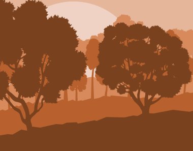 Mistik orman manzara günbatımı vektör arka plan vintage ve r