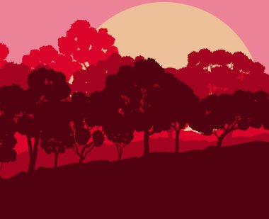 Mistik orman manzara günbatımı vektör arka plan vintage ve r