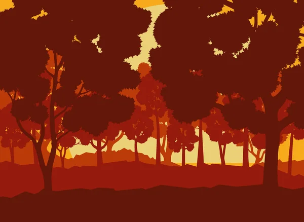 Místico bosque paisaje puesta del sol vector fondo vintage y r — Vector de stock