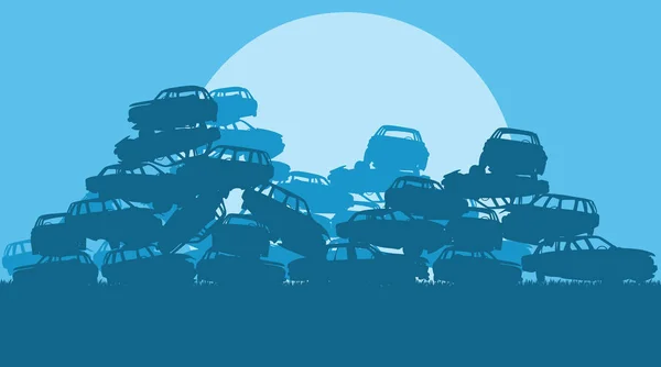 Αυτοκίνητα σε salvage μάντρα βράδυ με ηλιοβασίλεμα διάνυσμα — Διανυσματικό Αρχείο