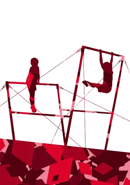 Enfants actifs sport garçon silhouettes sur des barres inégales dans abstrait — Image vectorielle