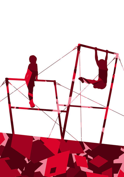 Active children sport boy silhouettes on uneven bars in abstract