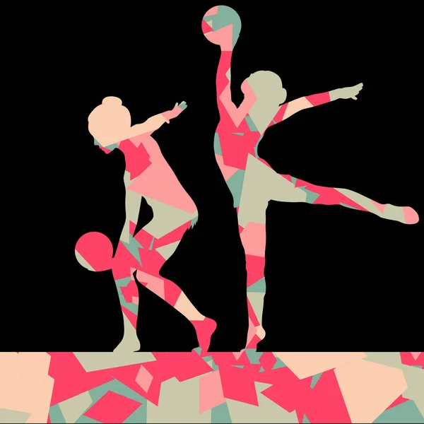 Gimnasta mujeres con bola en fondo abstracto mosaico illustrati — Archivo Imágenes Vectoriales